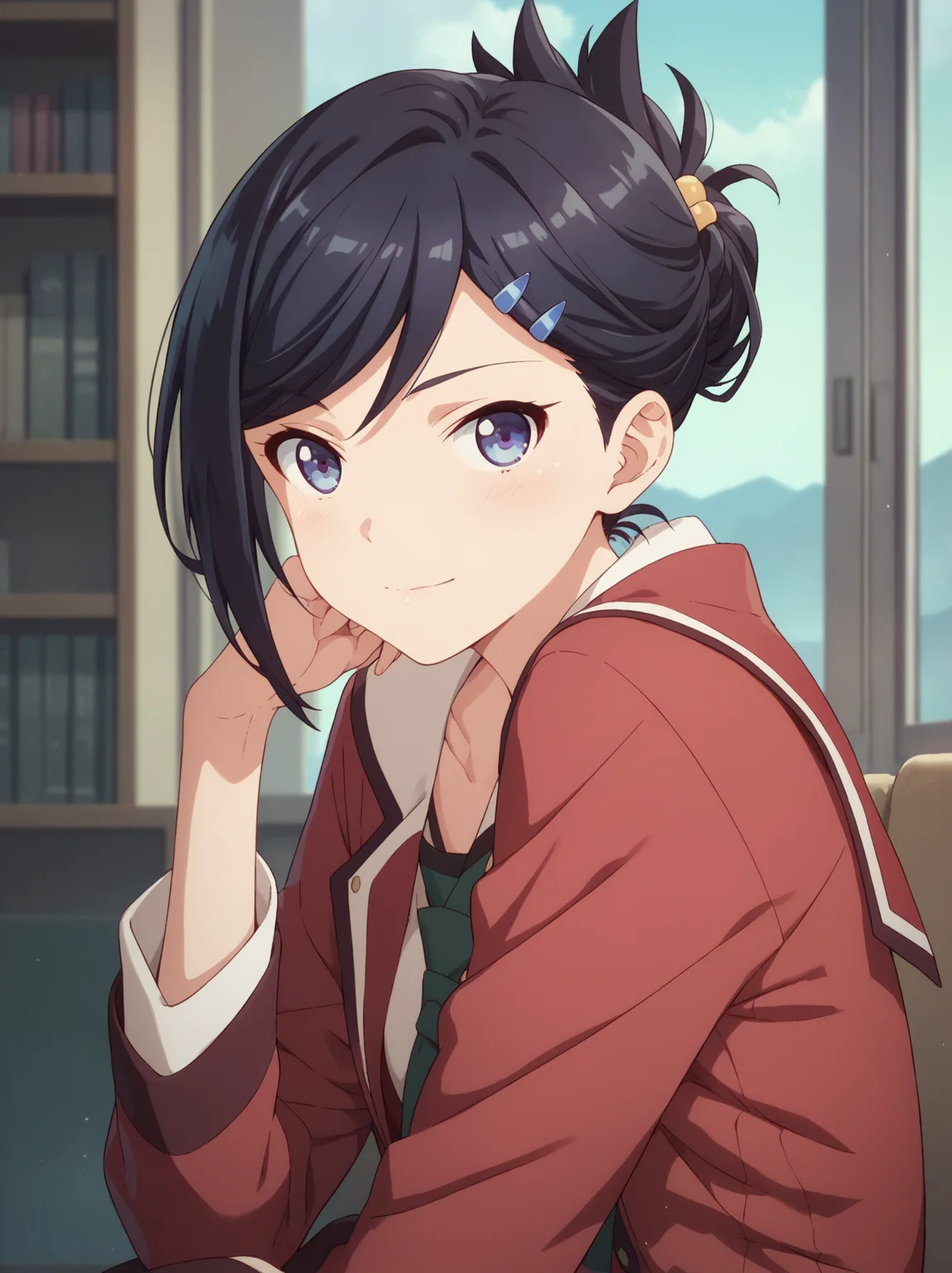 <lora:KudouMireiPony:1>, kudoumirei, 1girl, red jacket, sitting, looking at viewer,, score_9, score_8_up, score_7_up
