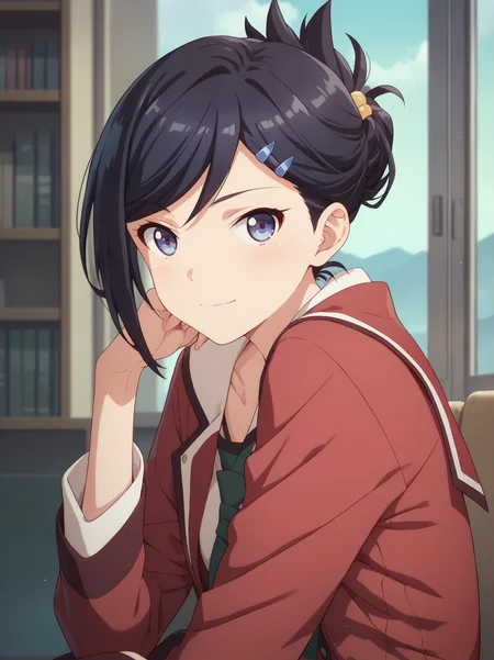 <lora:KudouMireiPony:1>, kudoumirei, 1girl, red jacket, sitting, looking at viewer,, score_9, score_8_up, score_7_up