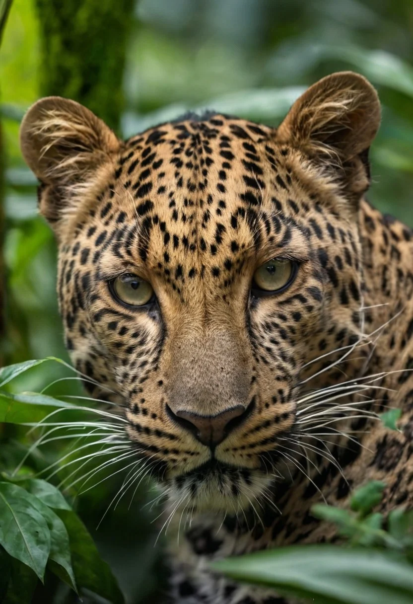 A leopard hiding in the jungle, a photo-realistic portrait, captured with a Canon EOS R5 camera and a macro lens for detailed wildlife portraits. The high-resolution, HDR image has a National Geographic-style aesthetic.