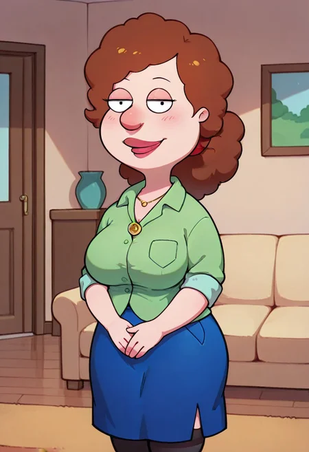 score_9,score_8_up,score_7_up,score_6_up,best quality, 1girl, solo, living room, couch, indoors,
BREAK
unnamed girl, brown hair, black eyes, big nose, (mature female:1.5), (plump:1.2), large breasts, gigantic hips, thick thighs, green sweater, rolled up sleeves, blue skirt, stockings, own hand together, blush, smile, looking at viewer, long skirt, half-closed eyes, necklace,