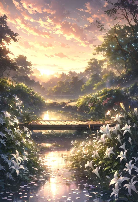detailed background,( Calm spring night landscape), amongst lush greenery, beautiful view, lily flower in full bloom, lily flower, early morning, sunrise sky, beautiful clouds, dappled sunlight, beautiful, Tranquil Lake, Walkway, petals dancing in the wind, depth of field, masterpiece, best quality, ultra-detailed, very aesthetic, illustration, perfect composition, intricate details, absurdres, moody lighting, wisps of light, no humans,