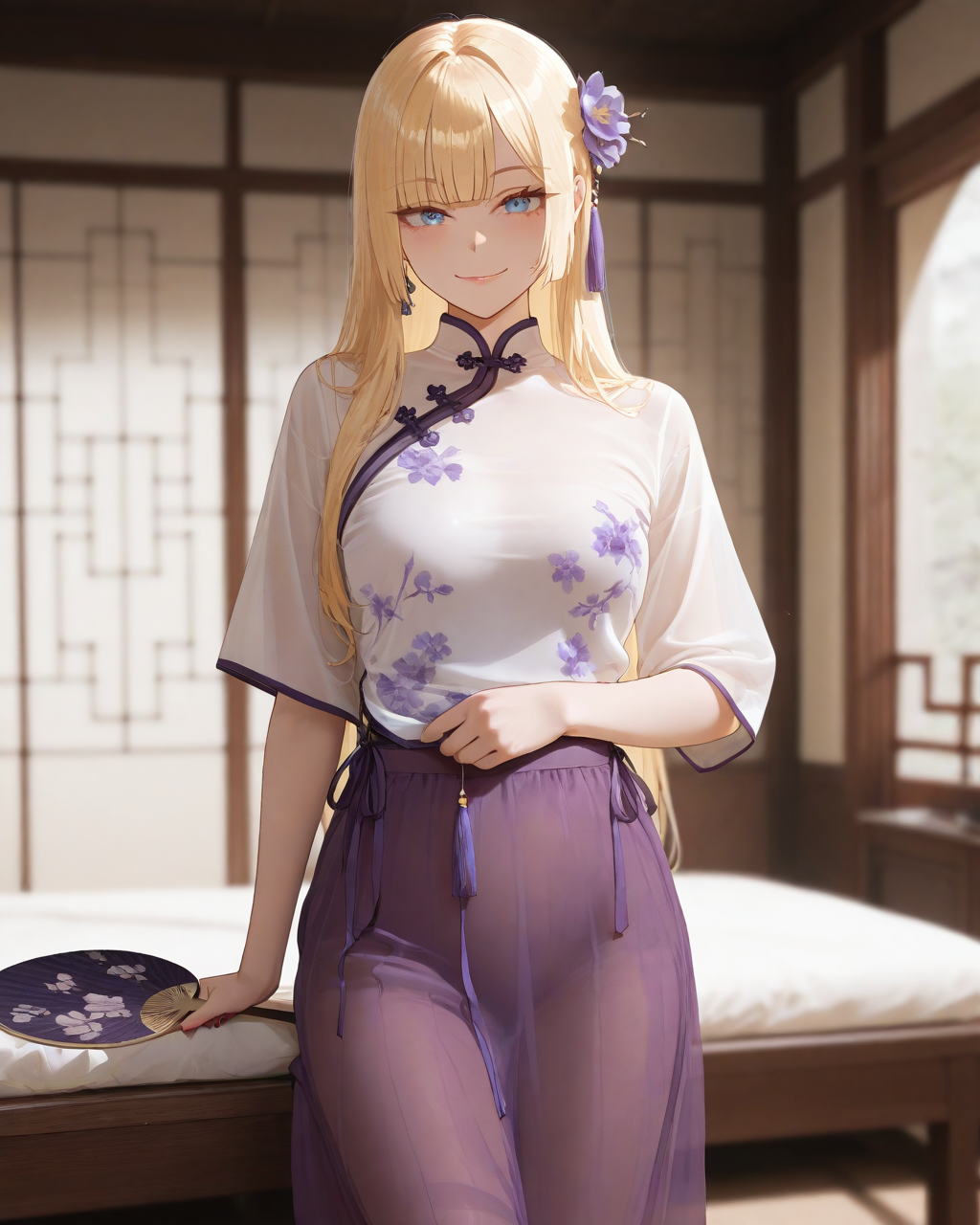 Masterpiece, best quality, amazing quality,newest,absurdres,highres,
1girl,solo, 
blonde_hair, long_hair, straight_hair,hime_cut,blue_eyes,side hair flower,bangs,  
QHNY0,
chinese shirt,purple skirt,floral print, 
standing,cowboy_shot,  
looking_at_viewer,holding a circular fan,smile,    
chinese room,blurry_background,soft light, 





