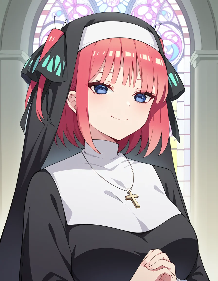 score_9, score_8_up, score_7_up, source_anime, <lora:nnakano-s2-ponyxl-lora-nochekaiser:1>, short hair, bangs, blue eyes, hair ornament, hair ribbon, pink hair, blunt bangs, two side up, butterfly hair ornament, large breasts,, <lora:traditional-nun-ponyxl-lora-nochekaiser:1>, traditional nun, nun, habit, long sleeves, dress, black dress, jewelry, black veil, cross, cross necklace,, church, smug, praying,, cowboy shot