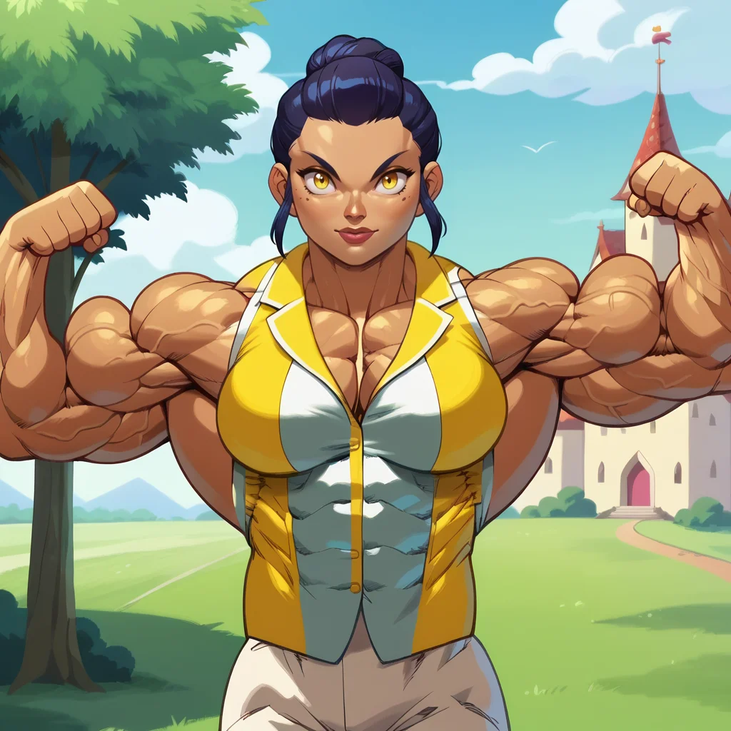score_9, score_8_up, score_7_up, score_6_up, score_5_up, score_4_up BREAK pokkuti, anime screencap, muscular, 1girl, solo, looking at viewer, suit, Black skin, updo hairstyle, Black, yellow eyes, outdoors, day, bouncy castle, <lora:PokkutiPDXL32.0.9tx1:1>