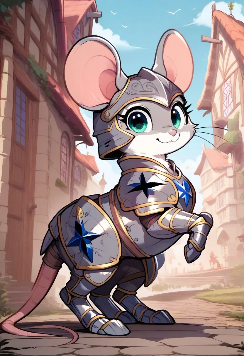score_9, score_8_up, score_7_up, score_6_up, score_5_up, score_4_up, fluffylewdsai, makkuro m0use_maximilla, cute, [][][][][] (solo),Knight armor, detailed iron armor, (cute:2), full body shot, (full body), (armored feral rat, cute armor, epic), outdoors, serious expression, (side view:1.5), village, look at viewer