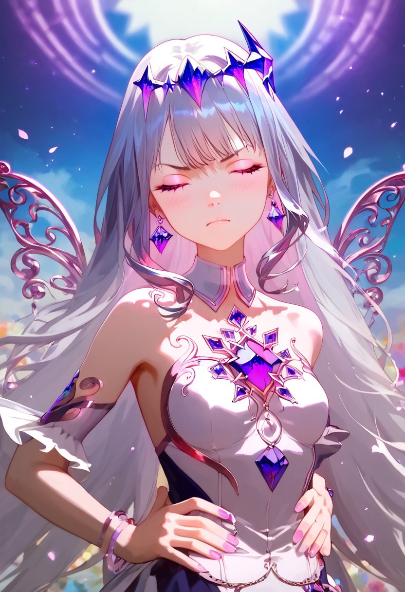 score_9, score_8_up, score_7_up, score_6_up, Expressiveh, ultra detailed, high resolution, absurdres, masterpiece, 
1girl, beautiful, aesthetic, dynamic pose, perfect hands, beautiful hands, perfect anatomy, petite, short, thin, slim, detailed face, beautiful face, detailed eyes, beautiful eyes, 
beautiful jewelry, intricate jewelry, detailed earrings, beautiful earrings,
bijou, long hair, dynamic hair, silver hair, purple highlight, purple eyes, small breast, detailed outfit, embellished outfit, heels,
beautiful scenery, aesthetic scenery, detailed background,
depth of field, realistic, realistic background, colorful background, vibrant background, windy,
hands on waist, angry, blush, closed eyes, looking away from viewer, body facing viewer,