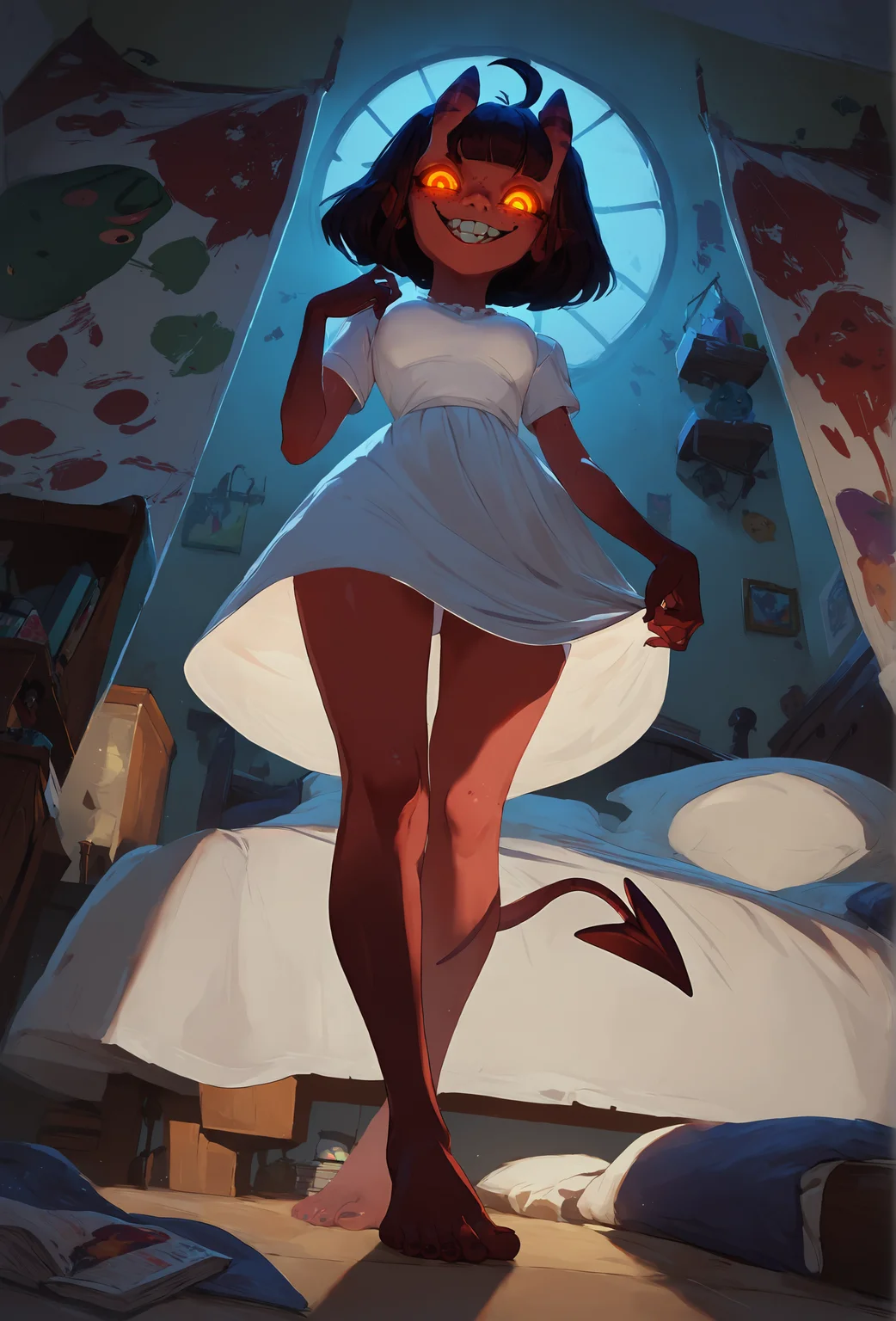 score_9, score_8_up, score_7_up, score_6_up, score_5_up, score_4_up, concept art, horror \(theme\), bedroom, night, dark BREAK
<lora:meru_succubus_ponyxl_v1_unet:0.75> meru, 1girl, solo, looking at viewer, freckles, medium breasts, glowing eyes, pov, standing at foot of bed, white dress, (from below:1.2), naughty face, teeth BREAK
<lora:Styles for Pony Diffusion V6 XL (Concept Art Twilight):0.75>