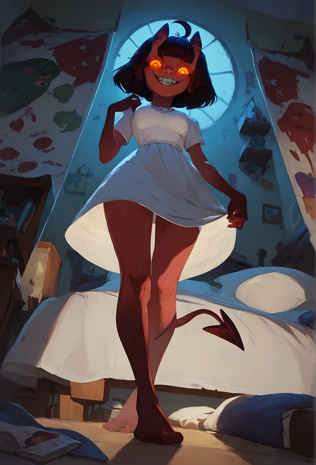 score_9, score_8_up, score_7_up, score_6_up, score_5_up, score_4_up, concept art, horror \(theme\), bedroom, night, dark BREAK
<lora:meru_succubus_ponyxl_v1_unet:0.75> meru, 1girl, solo, looking at viewer, freckles, medium breasts, glowing eyes, pov, standing at foot of bed, white dress, (from below:1.2), naughty face, teeth BREAK
<lora:Styles for Pony Diffusion V6 XL (Concept Art Twilight):0.75>