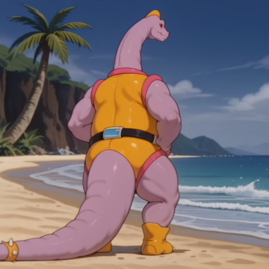 masterpiece, best quality, amazing quality, BrachioDsil, anthro, male  Brachiosaurus, red eyes, light purple skin, yellow cest,long neck, yellow bodysuit, pink trim, black belt, yellow boots, spiked tail ring,, from behind, looking back, tail,, on a beach, standing, solo, 1boy, full body,