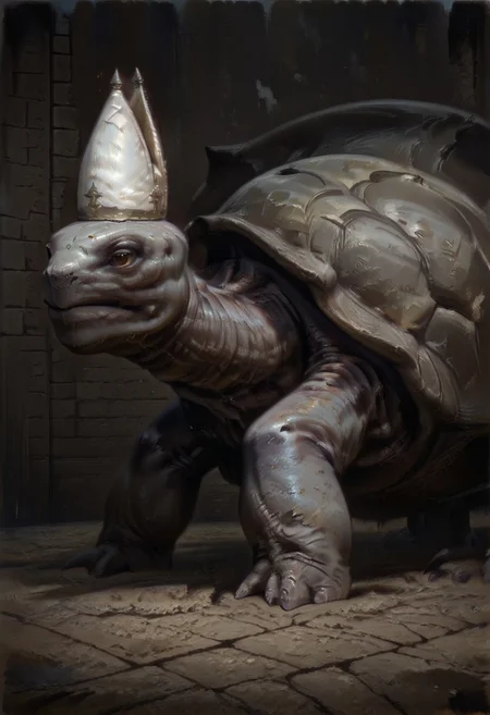 masterpiece, best quality, newest, absurdres, highres, DFOP-V3.0, oil painting, animal, animal focus, no humans, MTDPV1.0, turtle, tortoise, hat, mitre, white headwear, oversized animal