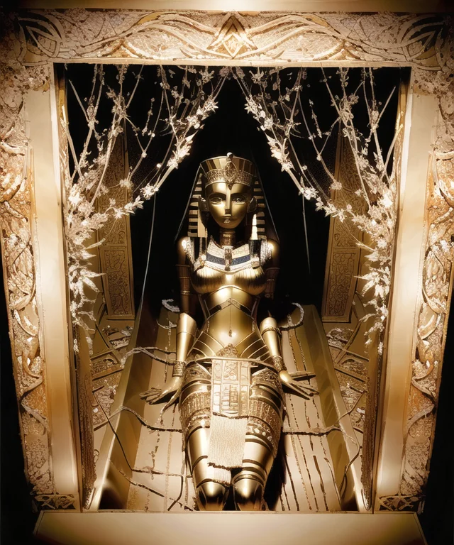 a sexy mummy lying in a golden sarcophagus [coffin], at night, very very dark, low visibility, low light, dim, total darkness, very dark, extremely dark, lonesome, Style-Hamunaptra, highres, 4k, impressive detail, Cleopatra's cursed tomb, single torch, deep shadows, cobwebs, spiderwebs, dust