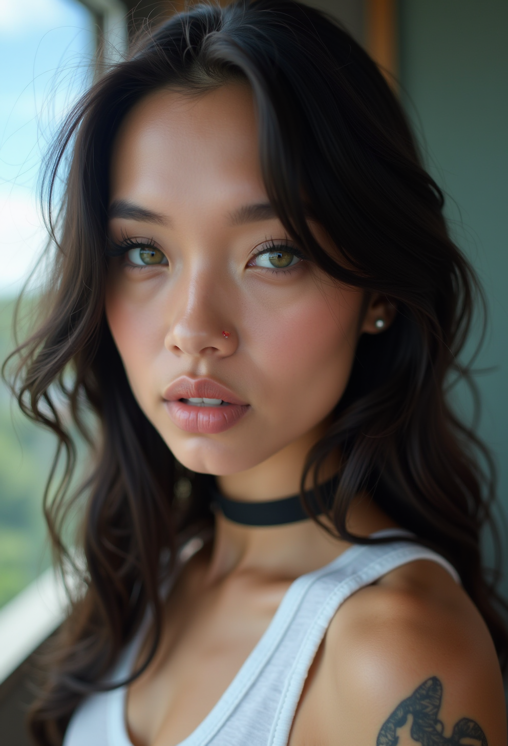 a professional closeup photo portait of a young woman with striking features, she has fair skin, her large, expressive green eyes are framed by thick, dark eyelashes, and her lips are full and naturally pink, she wears a black choker around her neck and a white tank top that reveals a tattoo on her upper arm, her hair is long, wavy, and black, with a few strands framing her face, she has a dark makeup, the blurred background shows a window and a blue sky with a few white clouds, the photo focus the attention on the subject, the lighting is soft and natural, enhancing the texture and depth of her skin and hair, the overall style is highly detailed and lifelike, capturing fine details such as the texture of her hair and the subtle shading that adds depth and realism to the image
