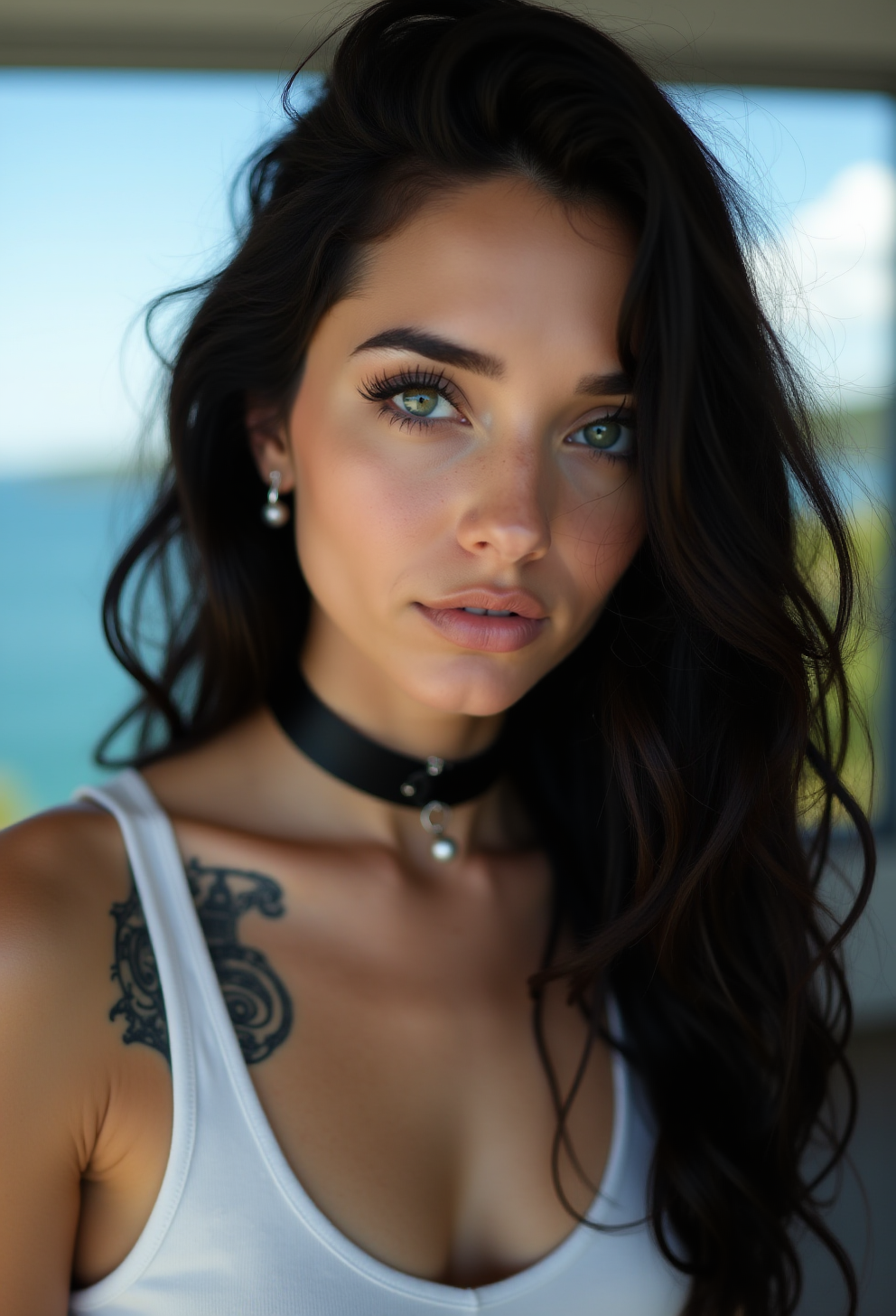 a professional closeup photo portait of a young woman with striking features, she has fair skin, her large, expressive green eyes are framed by thick, dark eyelashes, and her lips are full and naturally pink, she wears a black choker around her neck and a white tank top that reveals a tattoo on her upper arm, her hair is long, wavy, and black, with a few strands framing her face, she has a dark makeup, the blurred background shows a window and a blue sky with a few white clouds, the photo focus the attention on the subject, the lighting is soft and natural, enhancing the texture and depth of her skin and hair, the overall style is highly detailed and lifelike, capturing fine details such as the texture of her hair and the subtle shading that adds depth and realism to the image