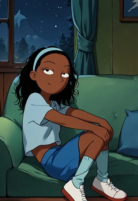 score_9, score_8_up, score_7_up BREAK ChloeHA, 1girl, black hair, black eyes, brown skin, down hair, loose hair, short-sleeved light blue shirt, midriff, short blue skirt, cyan socks, white shoes, female focus, solo, solo focus, inviting viewer, close view, night house indoors, night living room background, night scene,