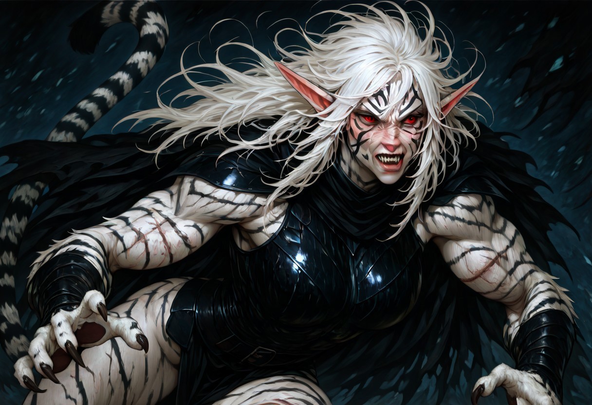 masterpiece, best quality, newest, absurdres, highres, TGV1.0, tiger girl, facial mark, animal ears, cat ears  tiger ears, tiger tail, tiger paws, tiger stripes, 1girl, pale, white skin, colored skin, pale skin, elf, pointy ears, muscular woman, armor, cape, leather armor, scar, scars on face, white hair, long hair, messy hair, black armor, black leather, white fur, tiger stripes, sharp teeth, angry, red eyes, claws, incoming attack, dynamic pose, 