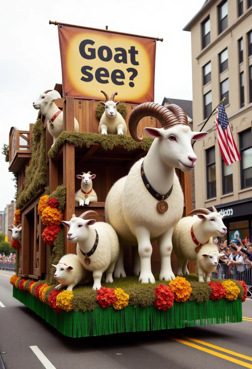 <lora:Parade_Float_Fashioner_FLUX-000005:0.9>
The image is a realistic photograph capturing a vibrant, elaborate goat themed parade float including banner with text "Goat, see?".
