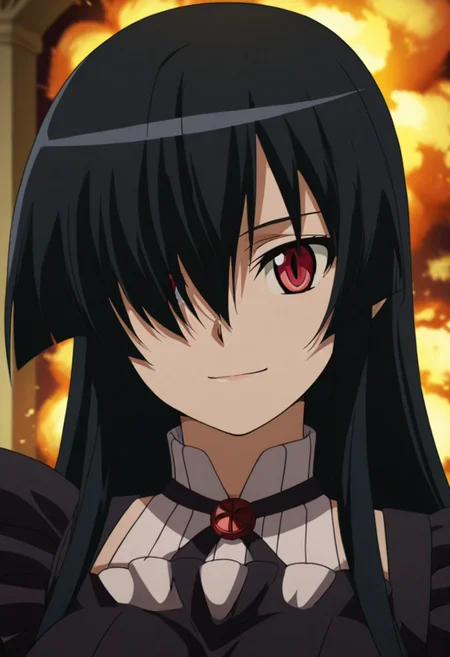 akame, long hair, black hair, red eyes, slit pupils, hair over one eye, depth of field, blurred background, dramatic lighting, simple background, sexy pose, explosion,, portrait, girl, black maid uniform, white stockings, black moccasins, soft smile, in a mansion,