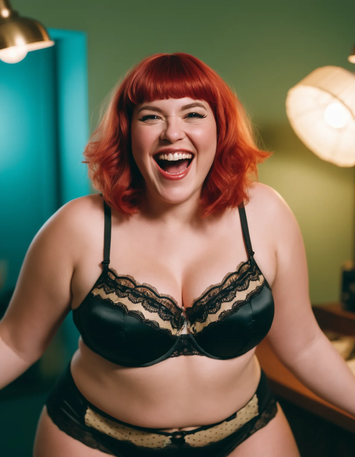 cinematic photo analog style portrait of an portrait of Full-figured zambian woman with  H Cup bra  and Red Peek-a-boo bangs hair Laughing with Head Thrown Back , lingerie, dslr , Practical lighting . wes anderson movie, still from stanley kubrick movie, 35mm photograph, film, bokeh, professional, 4k, highly detailed