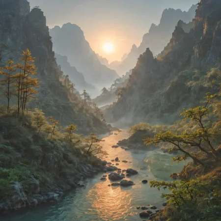 psychodelic scenic japan night landscape, sakura garden, mountains, lake, perfect composition, sunlight, golden hour, haze, low angle, masterpiece, award winning,, ultra detailed, highly detailed, 8k, uhd, Style-Japan, vivid colours, luminous