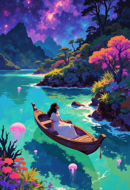 A surreal glitch-art landscape: a bird's-eye view of a small, intricately carved wooden boat adrift on impossibly calm, crystal-clear turquoise water, surrounded by lush, vibrant tropical islands under a star-dusted sky; a young girl in a flowing white tribal dress lies within, gazing serenely at the celestial tapestry above, her expression a blend of wonder and quiet contemplation, the scene subtly distorted by digital glitches, creating a dreamlike, otherworldly atmosphere.
A vibrant, bioluminescent deep-sea landscape, teeming with fantastical marine flora and fauna, glows with ethereal light mirroring the celestial nebulae above; a modern impressionistic fantasy, rich in jewel-toned hues, where phosphorescent jellyfish drift amidst colossal, glowing kelp forests, under a star-dusted sky, evoking a sense of wonder and mystery.
