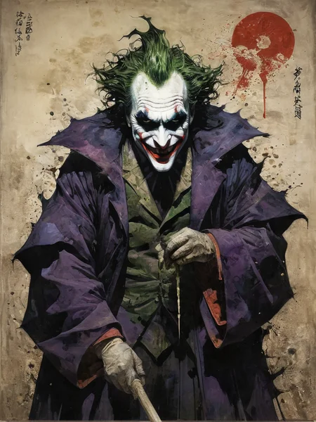 by Tsutomu Nihei,(strange but extremely beautiful:1.4),(masterpiece, best quality:1.4),in the style of nicola samori,The Joker,
<lora:epi_noiseoffset2:0.5>,<lora:add-detail-xl:1>,<lora:xl_more_art-full_v1:0.5>,<lora:NicolaSamori:0.7>,<lora:Ukiyo-e Art:0.8>,Ukiyo-e Art