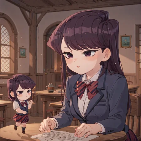 2girls, <lora:Character_Hanging_Out_With_Chibi_Version_Of_Themselves:0.8>, chibihangout, size difference, minigirl, chibi, indoors, standing on table, tavern, <lora:komiv1:0.7>, Komi, school uniform,  BREAK score_9, score_8_up, score_7_up, best quality, masterpiece, 4k, prefect lighting, very aesthetic, anime, zPDXL2,