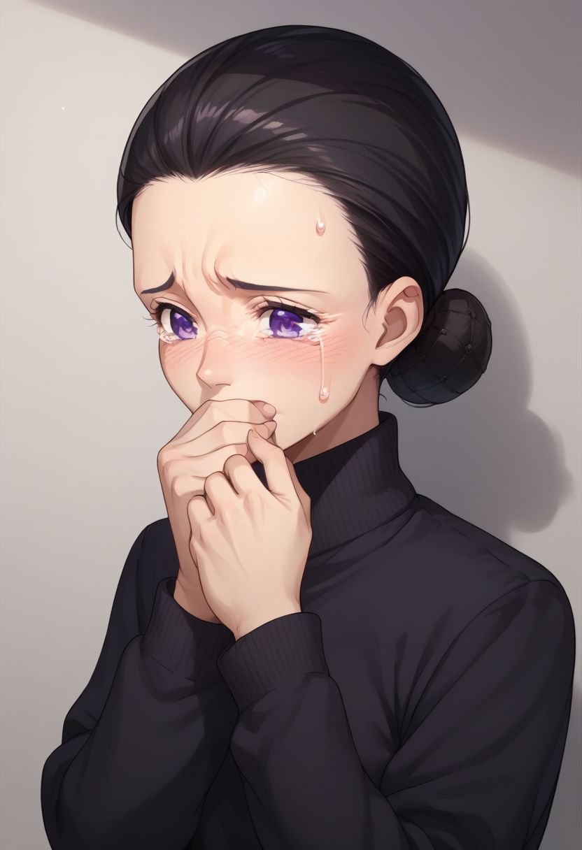 score_9, score_8_up, score_7_up, source_anime, highly detailed, 
isabella, 1woman, tears, black hair, purple eyes, tears, covering mouth, single hair bun, hair bun, purple eyes, solo, sweatdrop, black sweater,
indoor,