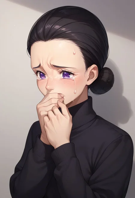 score_9, score_8_up, score_7_up, source_anime, highly detailed,
isabella, 1woman, tears, black hair, purple eyes, tears, covering mouth, single hair bun, hair bun, purple eyes, solo, sweatdrop, black sweater,
indoor,