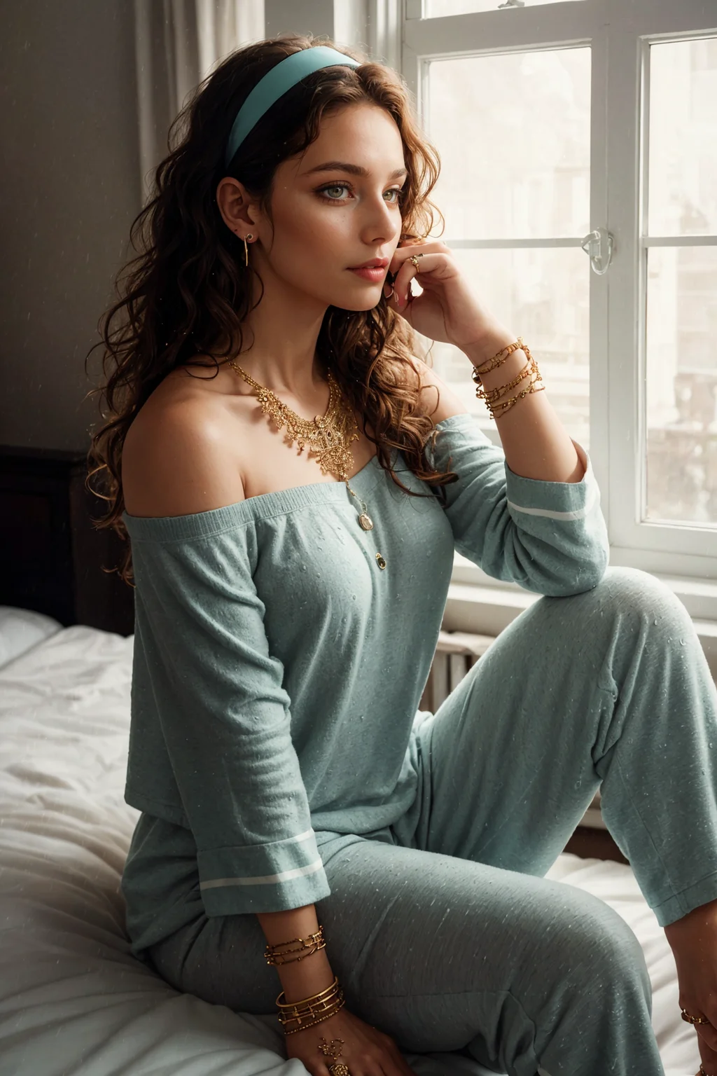 (photorealism:1.2),
beautiful woman, sitting on bed, wearing loose off-shoulder top, pajama pants, long curly hair, indoors, soft lighting, window with sunlight, cozy room, relaxed pose, realistic, intricate details, warm colors
necklace, ear piercing, bracelet, hairband, ring, unibrow, rain outside, crossed legs, drawer,