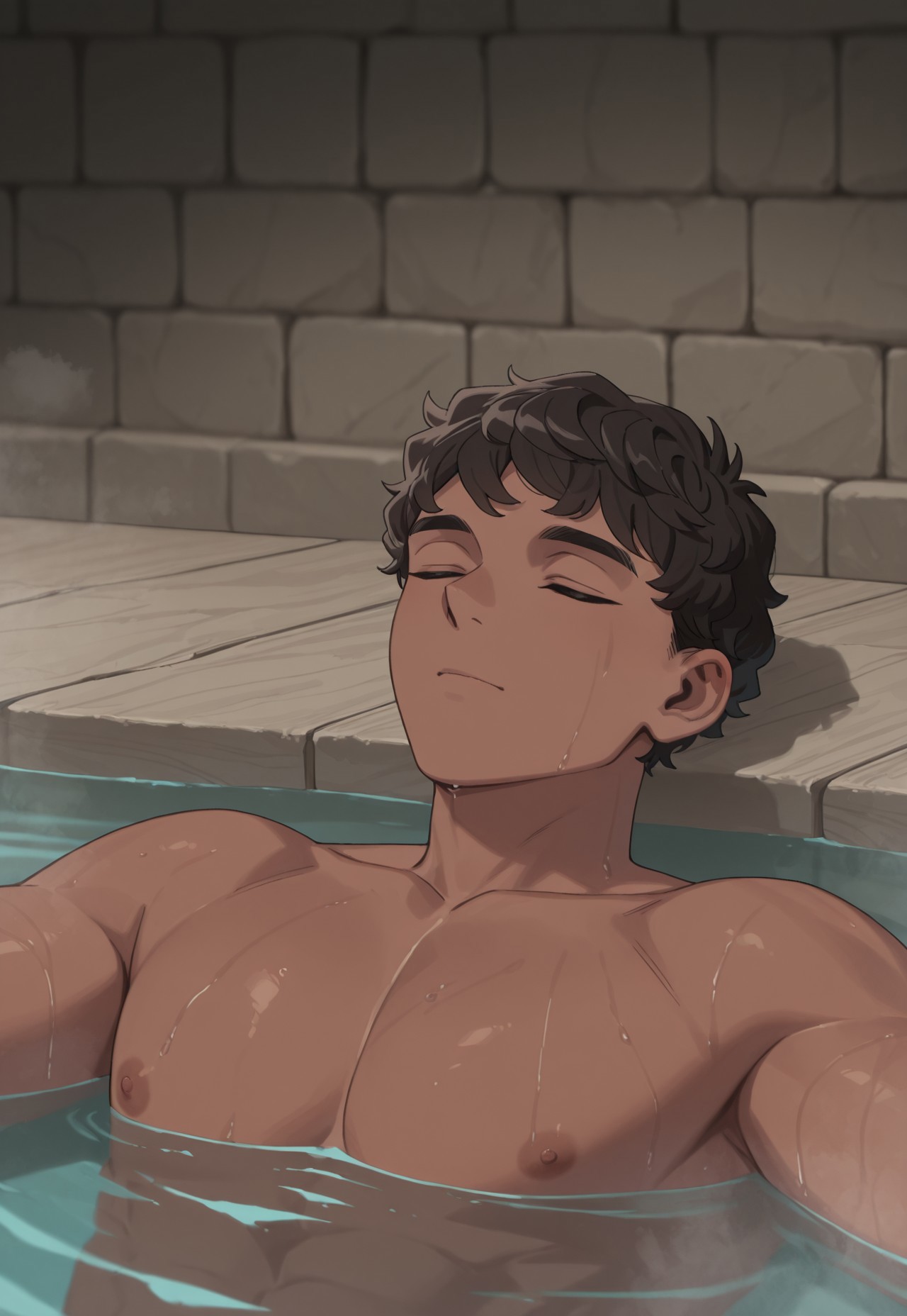 masterpiece, best quality, newest, Dunmeshi_Kabru, 1boy, brown hair, very short hair, curly hair, closed eyes, dark skin, toned male, partially submerged, water, steam, relaxing, 