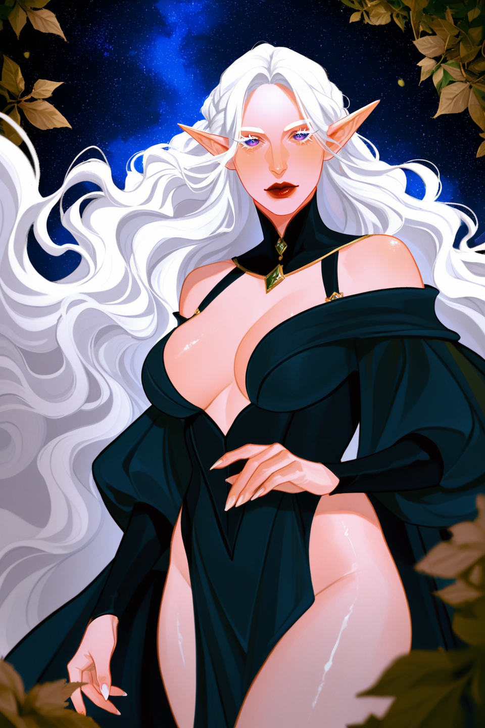 Score_9, score_8_up,
Detailed, details, v4l3nt4in3,
witch, forest elf, pointy ears, mature female,glamour female, white eyelashes, white hair, wavy hair, elegant, revealing clothes from leaves, dramatic pose, red lips,
cosmic background,
details,detailed, dark composition,medieval, shiny,
<lora:Valentaine-Illustrious-000016:1>