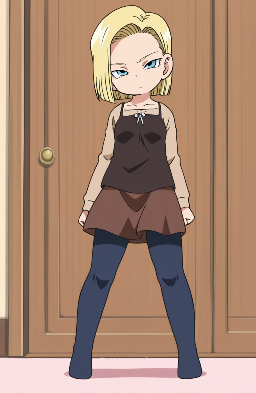 1girl, solo,
android 18, blonde_hair, blue eyes, pajamas, black pajama top, brown pajama skirt, blue thighband pantyhose, no shoes, standing, one foot forward, slight head tilt, unobtrusive look, neutral stance,
 <lora:Mitsudomoe:1> mitsudomoe, extremely detailed, highres, masterpiece, best quality