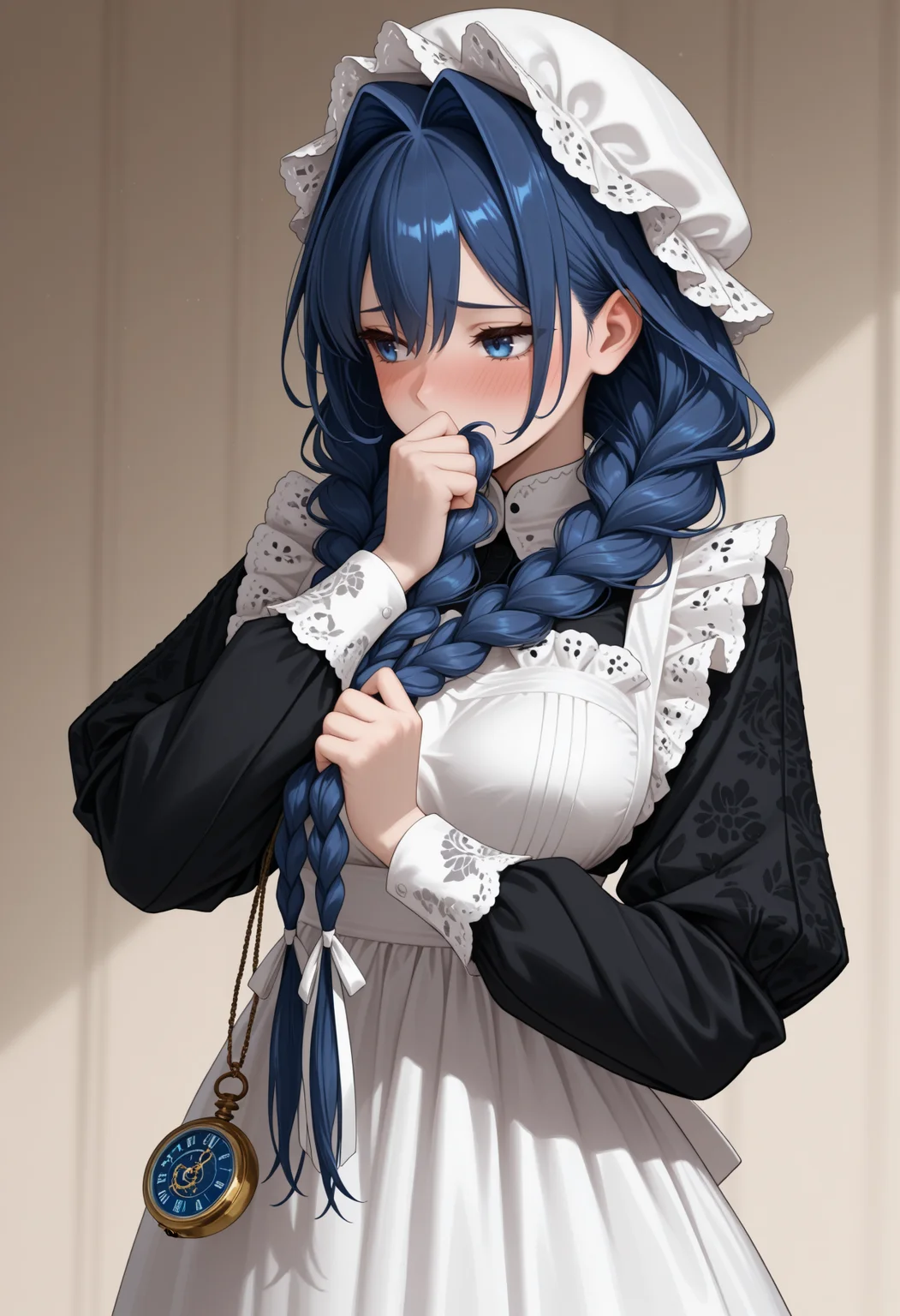 masterpiece, best quality, 1girl, solo, Kr0niiM4id, blue eyes, blue hair, long hair, hair intakes, low twin braids, hair over shoulder, hair ribbon, white ribbon, white mob cap, puritan collar, long dress, black dress, frilled apron, white apron, embroidery, empire waist, long sleeves, pocket watch, holding own hair , hand over own mouth, shy, blush, embarrassed, averting eyes, <lora:ChamOuroKroniiV2Noob:1>