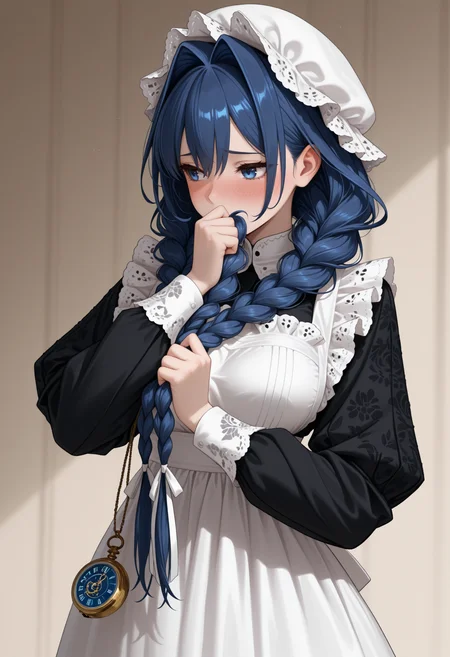 masterpiece, best quality, 1girl, solo, Kr0niiM4id, blue eyes, blue hair, long hair, hair intakes, low twin braids, hair over shoulder, hair ribbon, white ribbon, white mob cap, puritan collar, long dress, black dress, frilled apron, white apron, embroidery, empire waist, long sleeves, pocket watch, holding own hair , hand over own mouth, shy, blush, embarrassed, averting eyes, <lora:ChamOuroKroniiV2Noob:1>