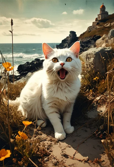 (Soft Lighting Photography by Mimoza Veliu and Mario Giacomelli:1.2), award-winning photography, photo of a cat and a badly damaged temple, in a beautiful beach, Cats running around:1.5, (broken status, spare parts scattered nearby.) Grass and flowers grow around it. Sunny summer day. ocean. Calm and beautiful. Detailed art, many details, cute, adorable, fairytale, storybook detailed illustration, cinematic, ultra highly detailed, beautiful details, vibrant colors, complex background, fine art, best quality, hyper detailed, professional poster art, bold lines, award winning, trending on ArtStation , (intricate details, masterpiece, best quality:1.4), aesthetic and beauty, astounding details, high depth of field, f/4, framing, breakthrough, collodion process, soft particles, ageless atmosphere, (maroon and marigold colors:0.1),dark, chiaroscuro, low-key,