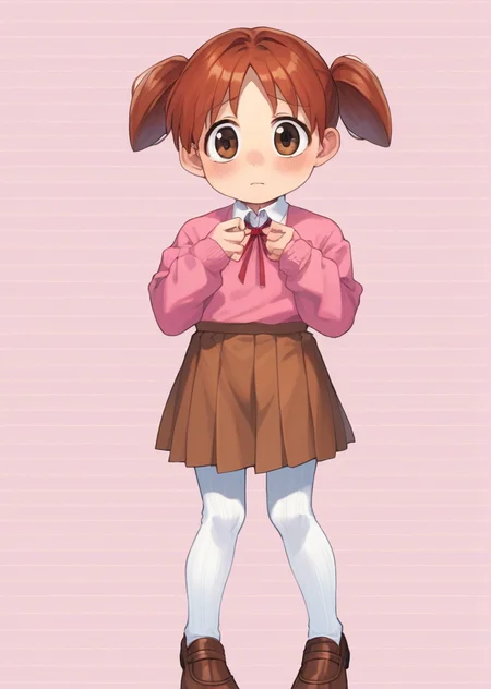 score_9, score_8_up, score_7_up, score_6_up, source_anime, zPDXL, <lora:ALTXL_pony_0061_8:2>, BREAK
1girl, solo, <lora:Mihama_Chiyo_Chiyo-Chan:0.9> chiyo, twintails, Auburn hair, brown eyes, short twintails, little girl, child, playing with hair, shy, school uniform, brown loafers, brown skirt, pink shirt, white collar, red ribbon, neck ribbon, <lora:Cotton_Tights:1> knit tights, white tights,
