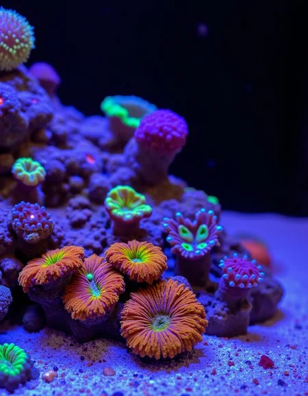 Create a saltwater reef tank close-up scene. Include a variety of colorful corals, such as bright orange, purple, yellow, and green zoanthids and polyps. The background should be dark to enhance the vivid colors of the corals, with soft lighting that creates a glowing effect. Ensure the sand substrate is visible, providing a natural look to the reef environment. Capture the overall beauty, realism, and diversity of marine life in a well-maintained reef aquarium.<lora:General Flux\saltwater-reef-tank.safetensors:0.9:1.0>