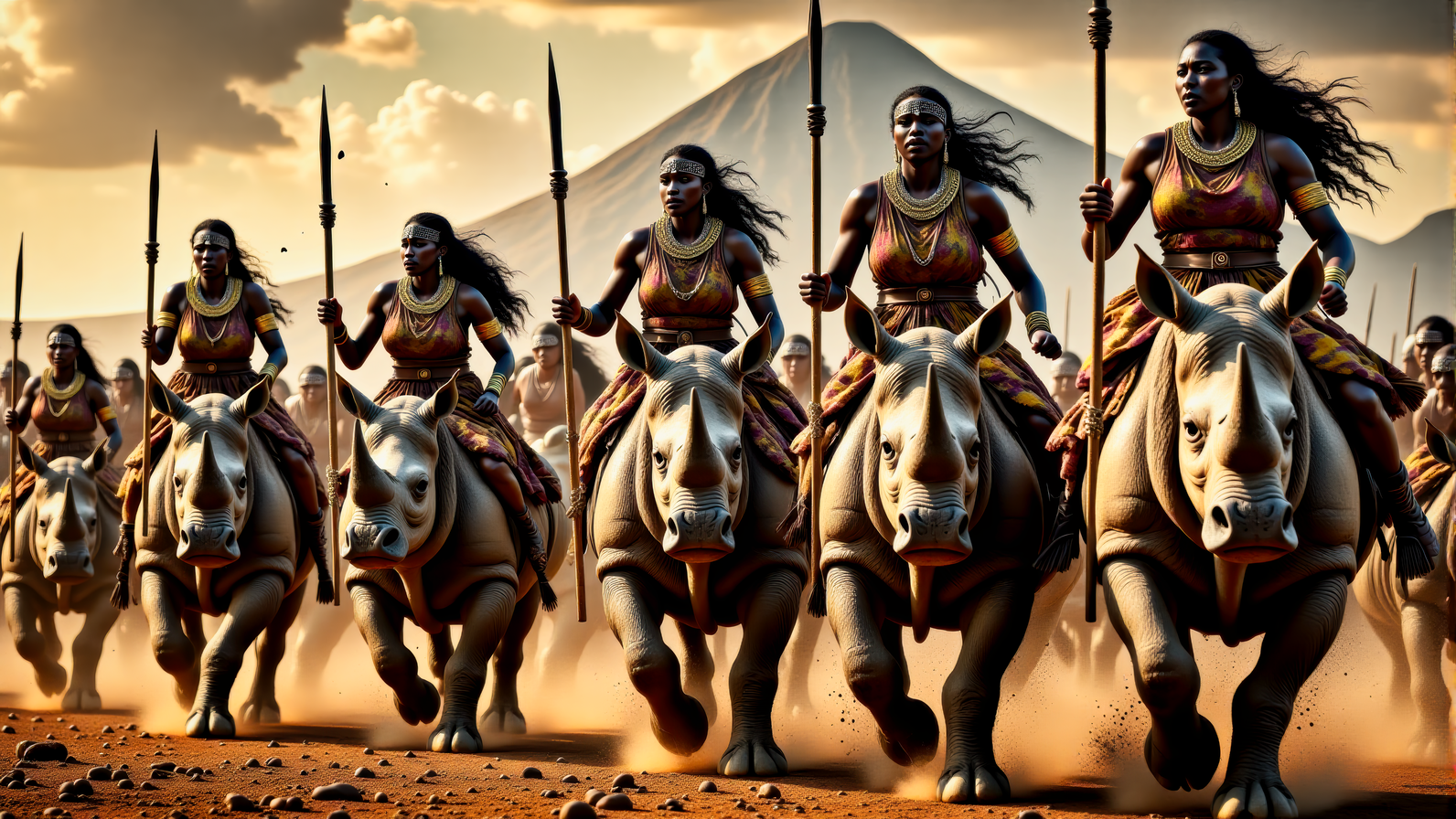 Real photograph of an army of African warrior women,  black skin, Nubian, beautiful, breathtaking,  athletic, (small breasts:1.4),  earrings, necklace, wrist bands,  dangerous, fierce, determined, battle hardened,  mounted atop angry and ferocious rhinoceros,  cavalry charging into battle with lowered spears, shields and spears bearing war decorations,  fierce angry painted faces full of rage, yelling fierce war cries,  African Savannah with mount Kilimanjaro in the background,  intricate details, masterpiece, elegant, complex patterns,  (full body shot from head to toe:1.6),  dramatic and dynamic morning lighting, intense atmosphere,  <BaroqueColorful:0.72>