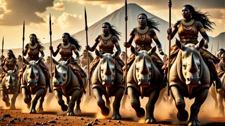 Real photograph of an army of African warrior women, black skin, Nubian, beautiful, breathtaking, athletic, (small breasts:1.4), earrings, necklace, wrist bands, dangerous, fierce, determined, battle hardened, mounted atop angry and ferocious rhinoceros, cavalry charging into battle with lowered spears, shields and spears bearing war decorations, fierce angry painted faces full of rage, yelling fierce war cries, African Savannah with mount Kilimanjaro in the background, intricate details, masterpiece, elegant, complex patterns, (full body shot from head to toe:1.6), dramatic and dynamic morning lighting, intense atmosphere, <BaroqueColorful:0.72>