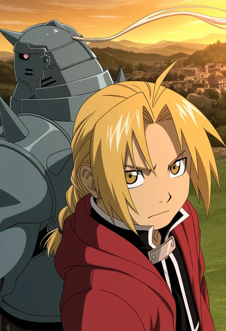 anime coloring, 2boys, edward elric, alphonse elric, fullmetal alchemist, upper body, back to back, windy, red coat, armor, looking at viewer, sky, trees, grass, hills, town, ruins, golden hour lighting, dynamic angle, highres, anime screenshot, perspective
