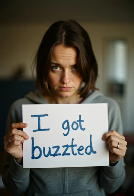 An amateur-style photo of a sad woman holding up a piece of paper with the handwritten text "I got buzzted" on it. The woman has a somber expression, looking down slightly. The lighting is soft and natural, like it was taken in a casual indoor setting. The paper is held up near her chest with both hands, and the background is slightly blurred to focus on the girl and the paper. She is wearing casual clothing, like a hoodie or t-shirt. The overall tone is raw and unpolished, capturing the candid nature of an amateur photo.