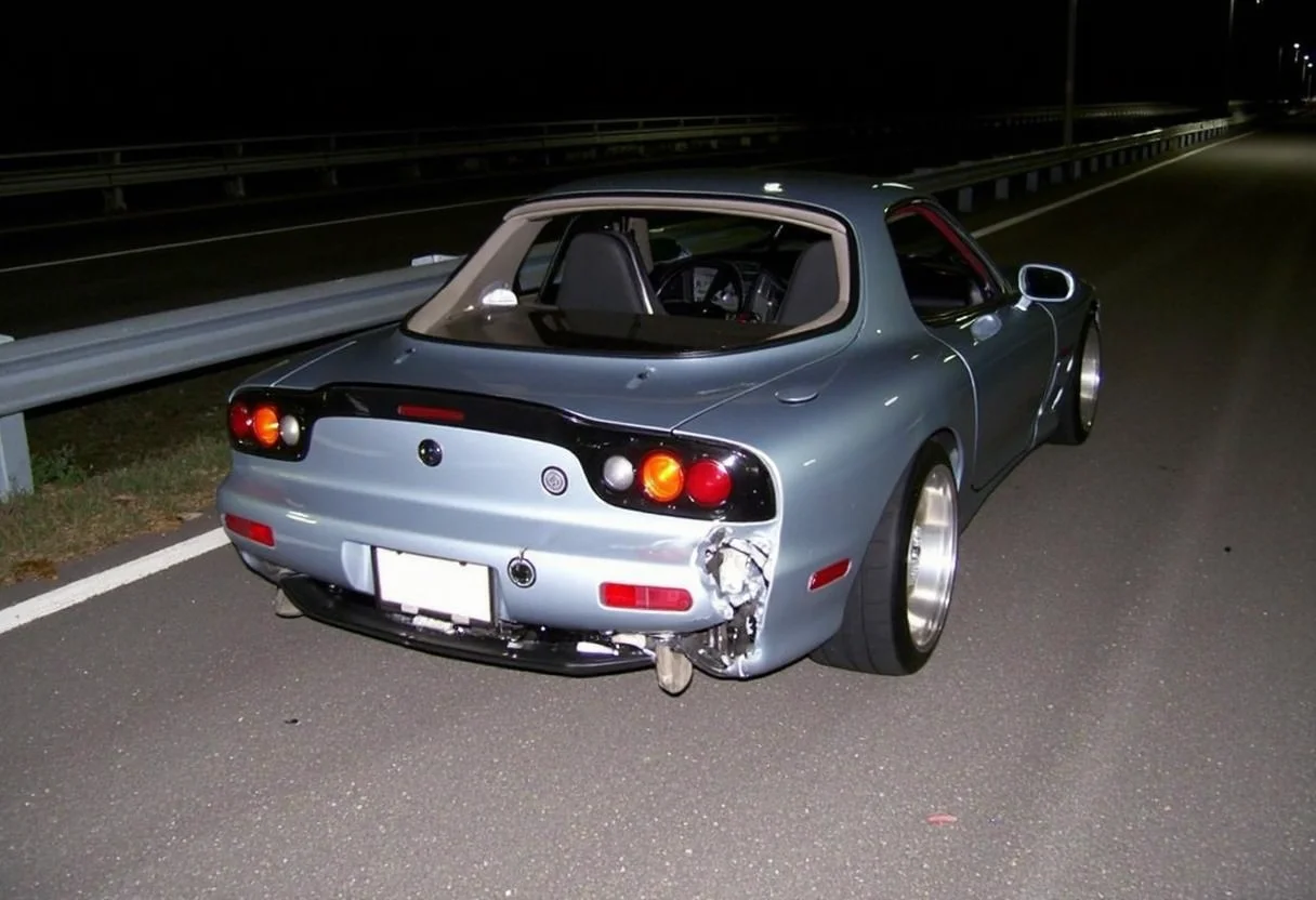 Low-resolution photo, shot on a mobile phone, noticeable noise in dark areas. The image depicts a rear three-quarter view of a silver sports car mazda rx7, visibly damaged from a collision. The rear bumper is heavily dented, exposing the internal structure of the taillights, and pieces of the bumper are scattered on the road. The car appears to be stopped on a dimly lit highway at night, with a broken taillight emitting an orange glow. A black grooved rear wing and aftermarket wheels suggest the car is modified, likely belonging to someone in the drifting or tuner car . The interior is slightly illuminated, showing racing seats with a roll cage. The background reveals a guardrail and a dark, empty road, intensifying the isolation of the scene., 