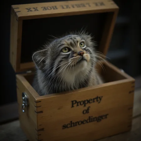 cinematic film still a pallas cat peeking out from inside an oak wooden box, on the outside it says Property of schroedinger on the box. There is a small chain attached to the lid of the box which is up. <lora:Animal_soph-PallasCat-FLUX:1> . shallow depth of field, vignette, highly detailed, high budget, bokeh, cinemascope, moody, epic, gorgeous, film grain, grainy