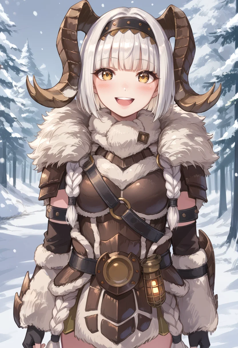 (score_9:0.9),score_8_up,score_7_up,rating_safe,anime style,(zPDXL),<lora:Banbaro beta armor ponyXL v1.2:0.75>,banbaro beta armor,1girl,solo,horn hairband,looking at viewer,smile,white fingerless gloves,open mouth,blush,white hair,yellow eyes,teeth,:d,cowboy shot,blunt bangs,long hair,short hair,snowing, snow