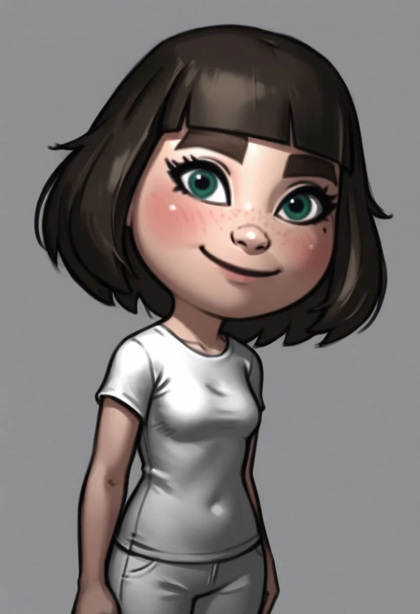 score_9, score_8_up, score_7_up, rating_safe,
concept art, realistic, dark theme, low light,
small nose, blush, white pants, smile, white skin, green-ish brown hair, sneakers, green eyes, female mii, fringe, mii, cute, brown eyebrows, long hair, small breasts, wii u, 1girl, white clothing, Millie_(\Wii_Sports_Club\)