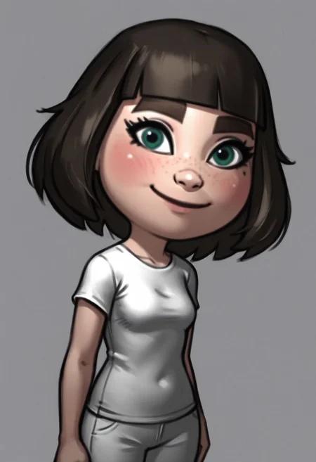 score_9, score_8_up, score_7_up, rating_safe,
concept art, realistic, dark theme, low light,
small nose, blush, white pants, smile, white skin, green-ish brown hair, sneakers, green eyes, female mii, fringe, mii, cute, brown eyebrows, long hair, small breasts, wii u, 1girl, white clothing, Millie_(\Wii_Sports_Club\)