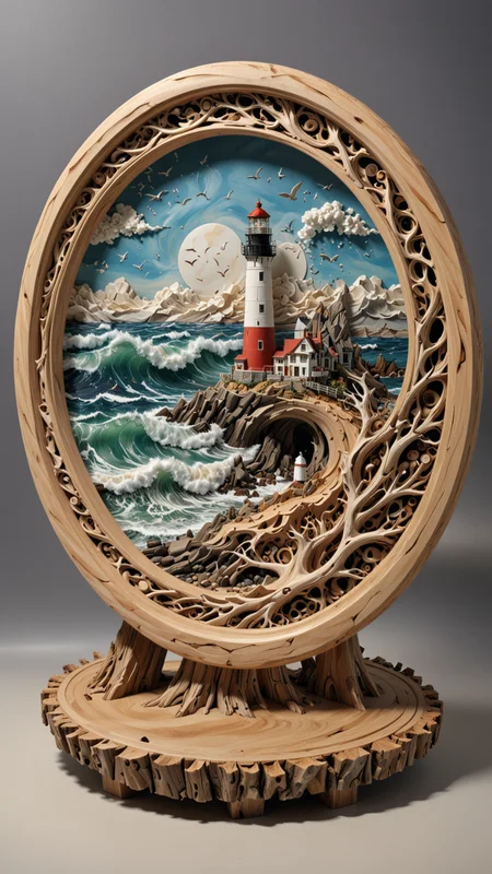 round plate on a display stand, hand Carved, 3D Seascape, abstract art, Carving, EPIC, Marbled Effect, <lora:3D_Framed_Wall_Art_-_By_DICE:0.4>, (3D Framed, Lighthouse), UHD, <lora:Driftwood_Detailed_Art_-_By_DICE:0.8> , driftwood Lighthouse, 3D