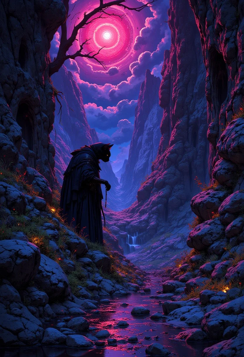 A cat assassin feline figure crouches around the corner and looks for the enemy motifs of Zdzisław Beksiński and the surreal atmosphere of Roger Dean's landscapes mythp0rt aidmanijiv6