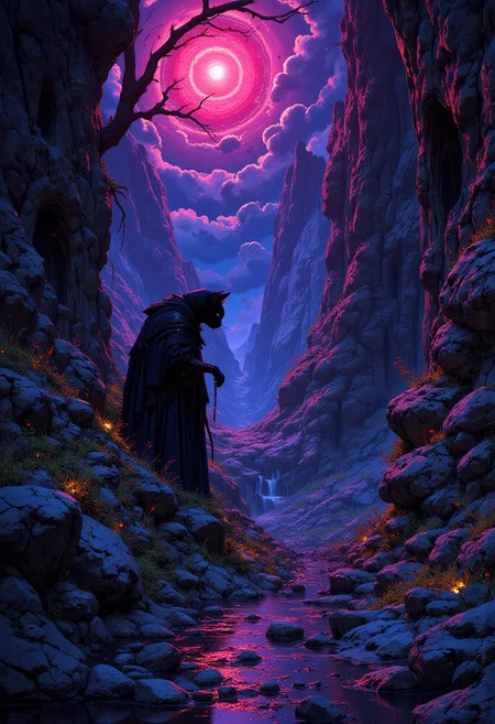 A cat assassin feline figure crouches around the corner and looks for the enemy motifs of Zdzisław Beksiński and the surreal atmosphere of Roger Dean's landscapes mythp0rt aidmanijiv6