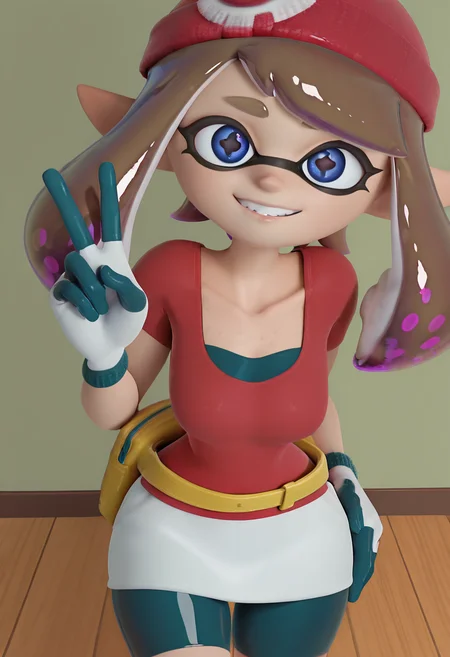 masterpiece, best quality, solo, curvy, beautiful eyes, narrow waist, wide hips, 1girl, solo, smile, looking at viewer, foreshortening, close up, leaning forward, portrait, eye focus, (v),        3d, 1girl, solo, (inkling, tentacle hair), shiny hair,    zzMay, may (pokemon), solo, brown hair, blue eyes, medium hair, red shirt, bike shorts, red bandana, red shirt, gloves,  white miniskirt, yellow belt,    <lora:MayPokemonIXL_v2:1.0>,<lora:SquidTalkStyle_IXL:1.0>,